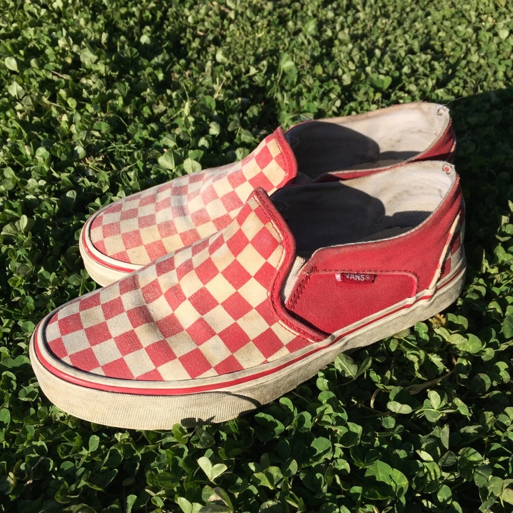 Grunge Faded Red Checkered Vans Slip-ons